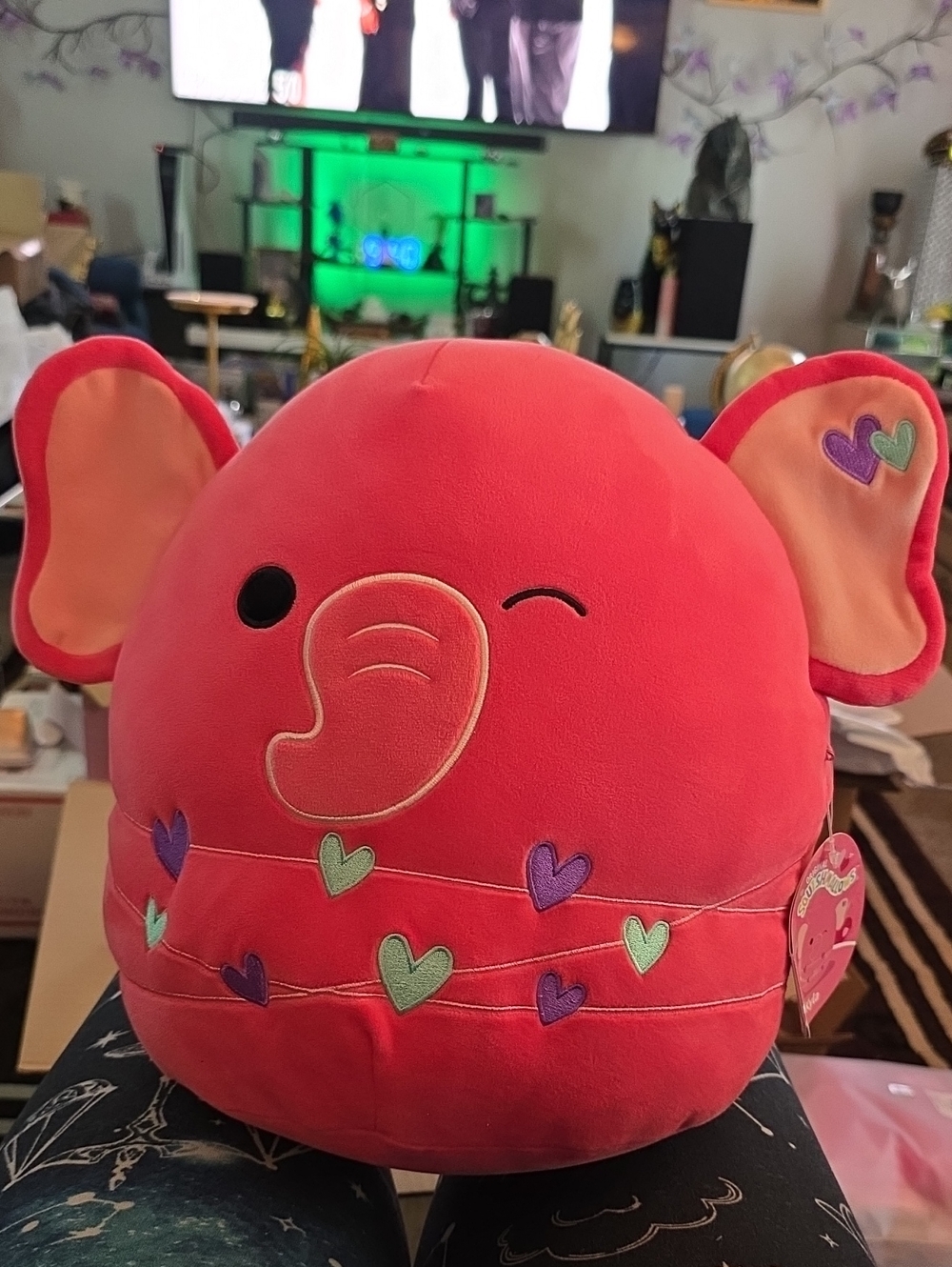 Squishmallows Pink Elephant Pillow with Multicolor Heart Embroidery